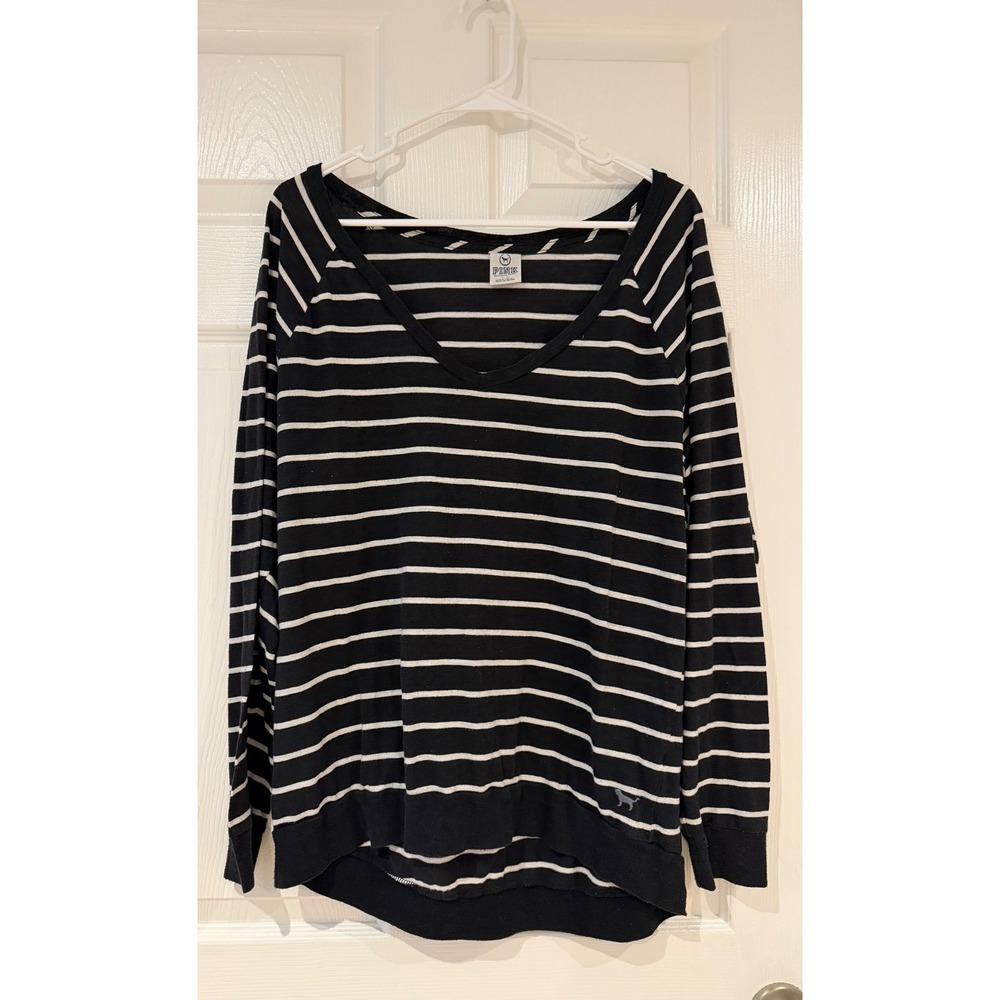 Y2K Victoria's Secret PINK Striped V-Neck Long Sleeve Top Black White Large